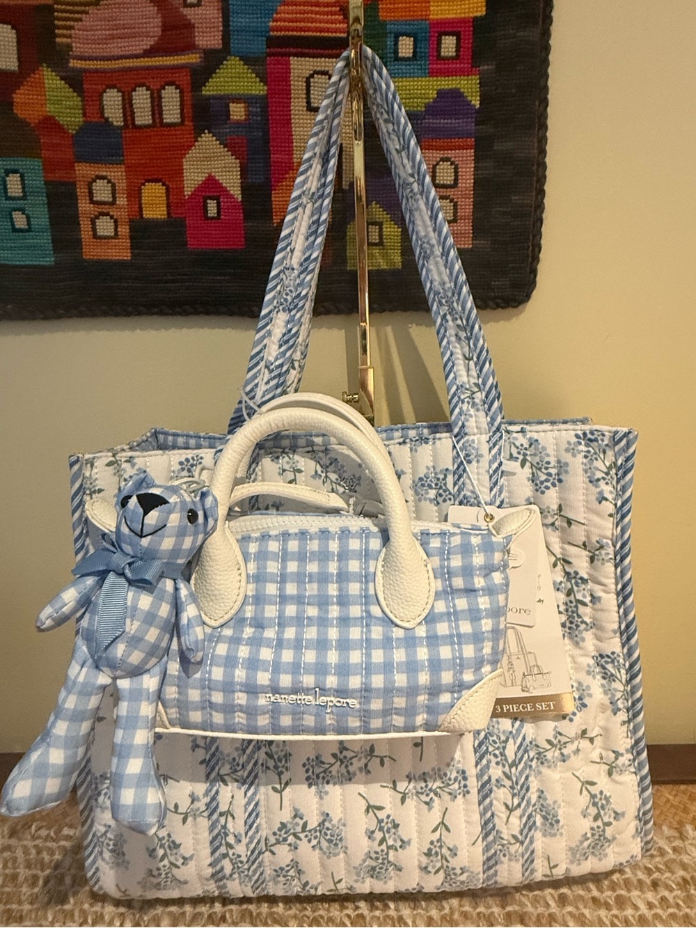 Nanette Lepore Blue Gingham & Floral Quilted Tote w/ Mini Crossbody. NWT 3 piece